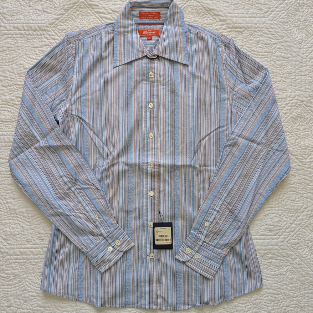 Faconnable Blue and White Striped Button Down Shirt